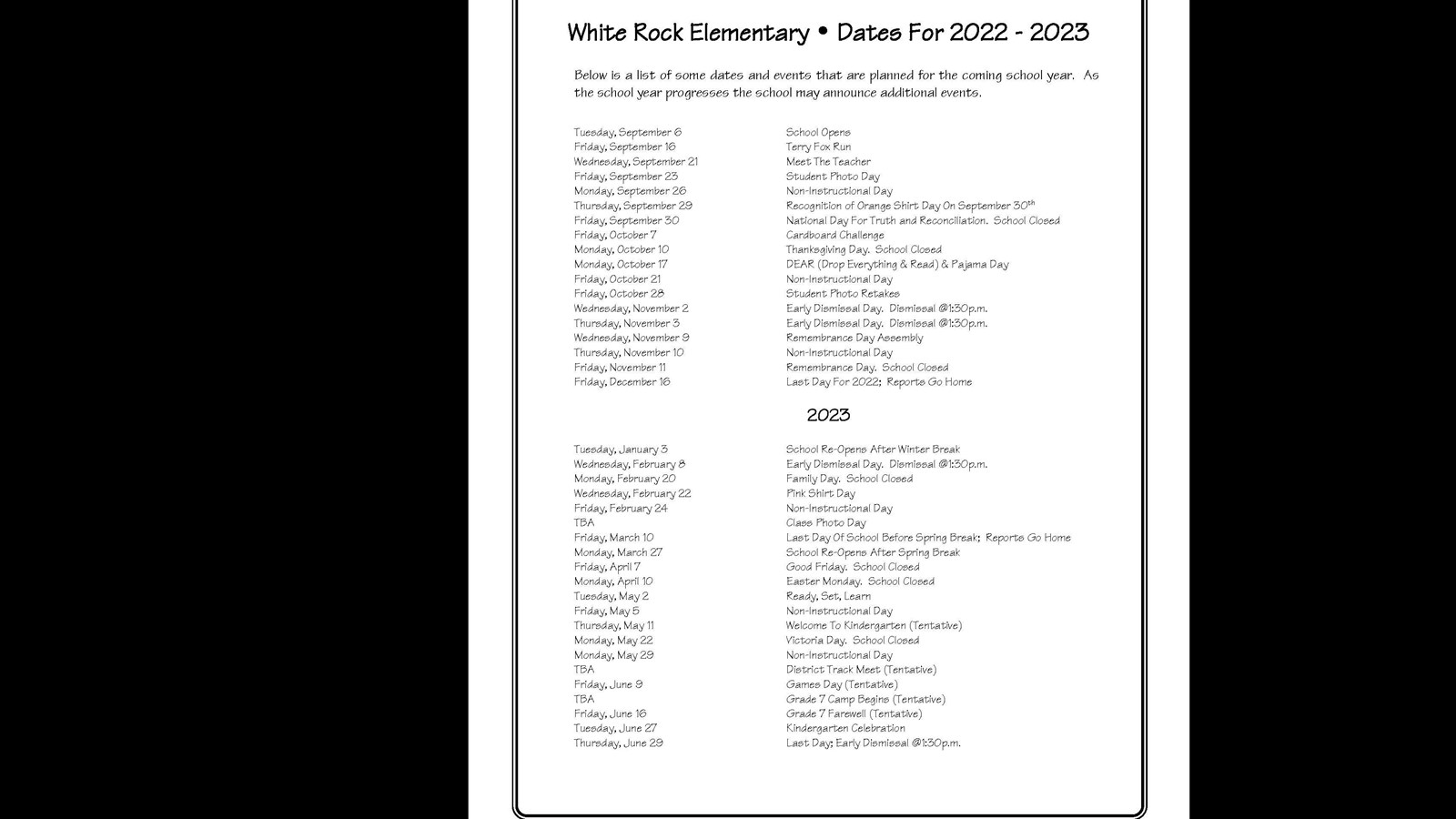 Dates to Remember 2022-2023